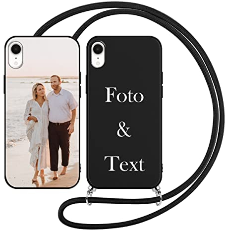 Yoedge Handykette Personalisierte Handyhülle für Apple iPhone XR Hülle mit Band Kordel 6,1,Selbst Gestalten/personalisiert mit Foto Bild Text Individuelle Schutzhülle Schwarz Cover für iPhone XR Case