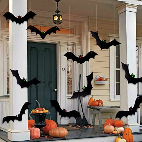 DTYDECLE 12PCS Halloween Hanging Bats, Halloween Flying Bat Hanging Decorations with Glowing Eyes for halloween Decor Outdoor Yard Party Decoration Supplies