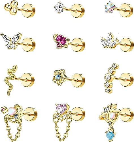 Diamday 12PCS 16G Cartilage Boucles d'Oreilles Femmes Acier Chirurgical Petite Clou d'Oreille Plat CZ Boule Papillon Fleur Pendentif Barbell Boucles d'Oreilles Tragus Helix Conch Oreille Piercing