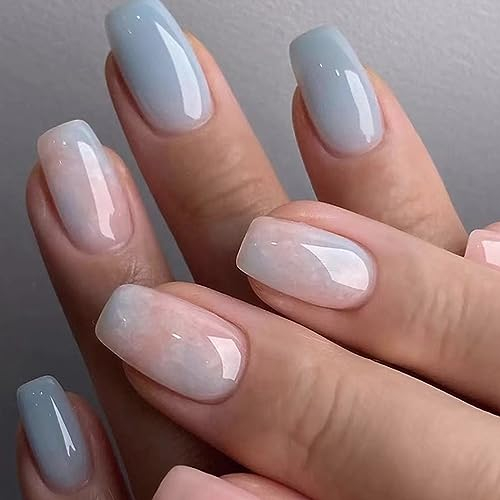 24 Stück Nägel Zum Aufkleben Eckig Kurz, French Tips Rosa Blau Press on Nails Full Cover Kunstnägel mit Klebepads, Sommer Square Natürlich Acryl Künstliche Fingernägel für Frauen und Mädchen
