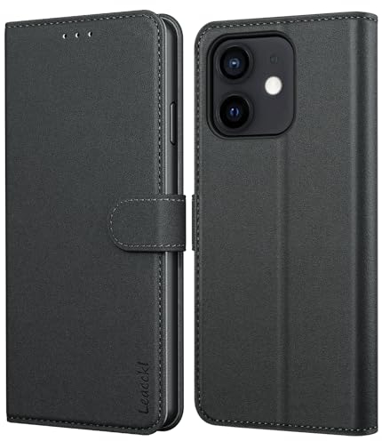 Leacckl for iPhone 12/12 Pro Case, Leather Wallet Case, Flip Case with Card Holder and Magnetic Buckle, Black