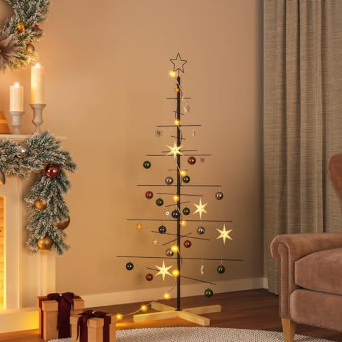 Festnight Albero di Natale in Metallo con Base in Legno, Alberi di Natale, Albero Natale, Alberi Natale, Nero 150 cm