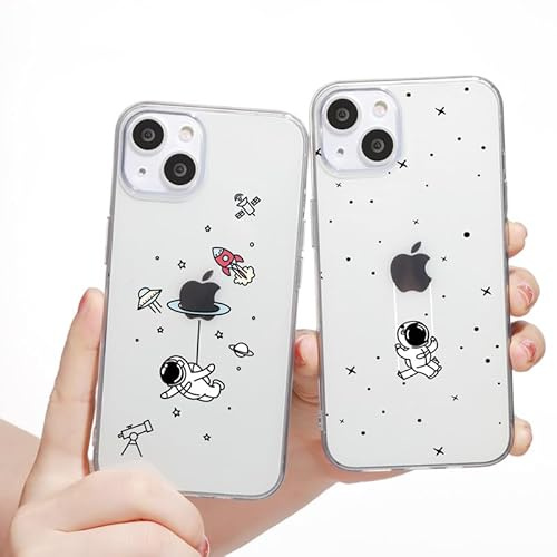 Yoedge 2 Stück Durchsichtig Hülle für iPhone 14 / iPhone 13 6,1,Transparent Handyhülle mit Aesthetic Motiv Mode Chic Muster,Weich Klar Silikon TPU Stoßfeste Bumper Schutzhülle für Mädchen,Astronaut 2
