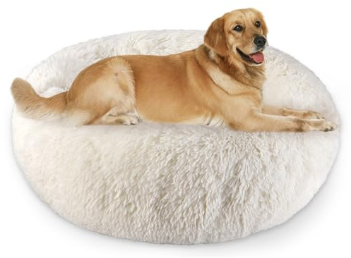 Aspand Hundebett für große und mittelgroße Hunde,90cm Ø - Weiches und Atmungsaktives Hundekissen mit Rutschfester Unterseite und Erhöhtem Rand,Beige