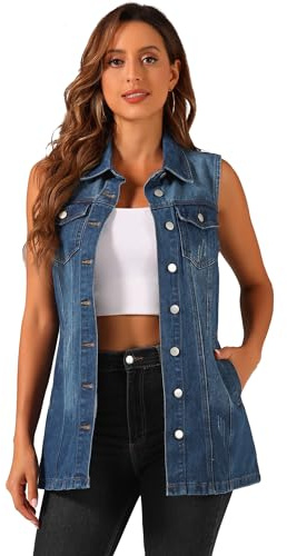 Allegra K Gilet da Donna Demin Gilet Abbottonato senza Maniche con Gilet di Jeans Medio-lungo