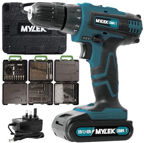 MYLEK Cordless Drill 18V, 1300 mAh Li-Ion Driver 28Nm, 1 Hour Quick Charge, 2 Speed, LED Work Light, Carry Case with Accessory Kit, Variable Speed with MYLEK 4ORCE Accessory Kit (204 Piece)