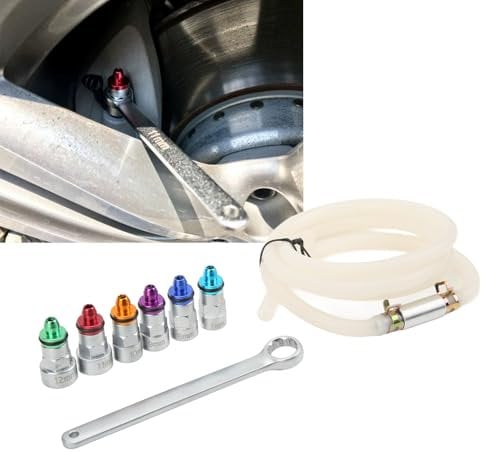 Universal Brake Bleeder hose pipe Spanner Kit, Brake bleeding Bleeder Wrench Kit set Metal Rubber 7‑12mm 6 Adapters 1 Drain Hose for Car SUV Light Truck Motorcycle