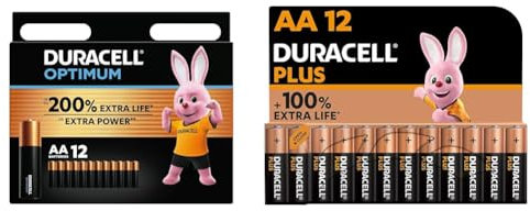 Duracell Optimum AA Batteries (12 Pack) - Alkaline Batteries 1.5V - Up To 200% Extra Life & Plus AA Batteries (12 Pack) - Alkaline 1.5V - Up To 100% Extra Life