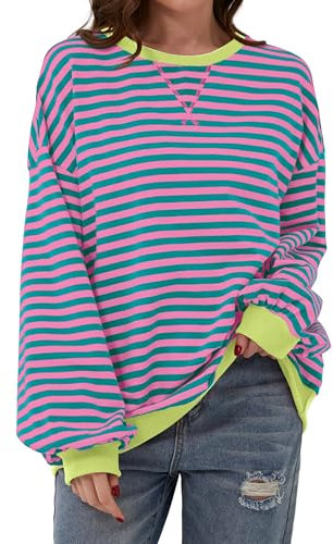 Timuspo Pullover Damen Langarmshirt Basic Oversize Gestreift Color Block Pink Sweatshirt Rosa Ohne Kapuze Y2k Herbst Tops Oberteile S