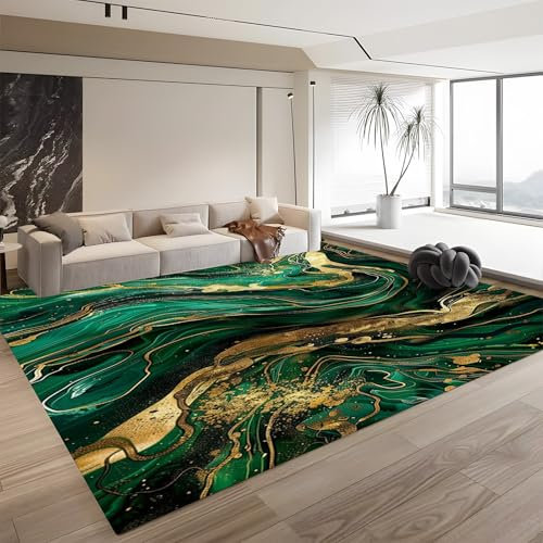 Generisch Waschbarer Moderner Grün-Gold-Marmor Kurzflor Teppich - Weicher, Rutschfester Teppich für Wohnzimmer, Schlafzimmer - Flauschiger, Teppiche Gegend, 160cm x 230cm