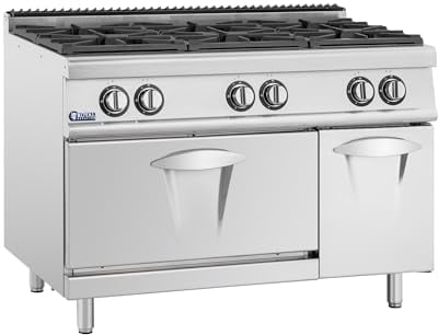 Royal Catering Cocina de gas con horno de gas y armario inferior, 27,6 kW, 6 quemadores, acero inoxidable, quemadores extraíbles, gas propano GLP, barrera de llama, extractor de gas, estufa de gas con