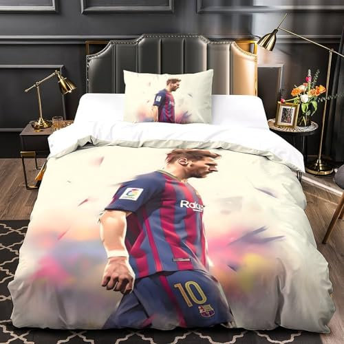 ZZBNECAKE Messi Bettbezug Set Mädchen Junge Kinder 3D Gedruckter Fußball Bettwäschegarnitur Reissverschluss Bettwäsche Weich Microfaser Und Kissenbezüge 2 Teilig Single（135x200cm）