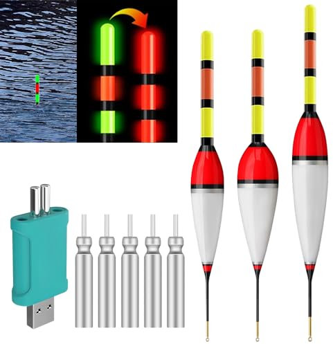 SKIKHN Led Posen Angeln Mit Bissanzeiger,3 Stück Posen Angeln Smart mit Batterie Ladegerät und 5 Stabbatterie, Angelzubehör Set Mit Gravity Sensing Und Metall Basis Kann Tagsüber Und Nachts