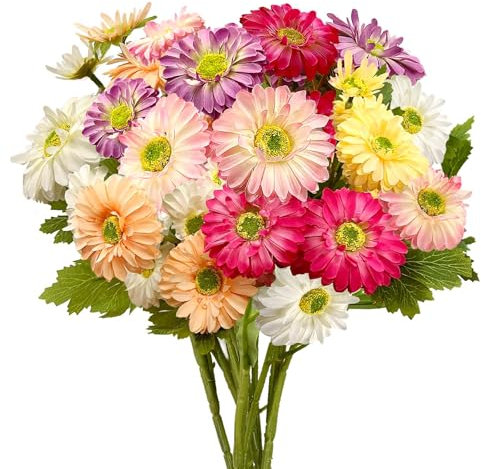 Daily Treasures 30er-Set Kunstgerbera Seidenblumen - 6 Farben mit 40cm Stielen, UV-beständige Kunstblumen für Innen- & Außenbereich, Frühling-Sommer-Deko Hochzeit Büro Gartengestaltung