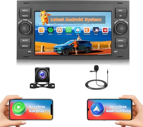 Hikity 2G+64G Autoradio Android 15 für Ford Transit Fiesta Focus/Focus2 Galaxy Mondeo Kuga C-Max S-Max Connect mit 7-Zoll-Touchscreen Wireless Carplay Android Auto RDS/FMBT GPS WiFi+Kamera+MIC