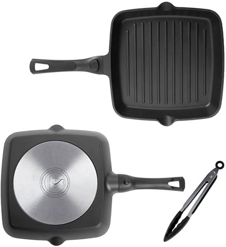 Stone&Stone Poêle grill anti-adhésif 28 cm | plaque carrée avec poignée amovible | fond induction 100 % acier | four et gaz | revêtement allemand Greblon C3+ | 1 pince incluse