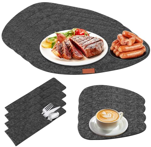 12er Set Tischset Platzset, Premium Platzsets Filz Abwaschbar 4 Platzset 4 Untersetzer 4 Besteckhüllen rutschfest, hitzebeständig saugfähig Abwaschbare Tischdeko für Küche Familie und Restaurant