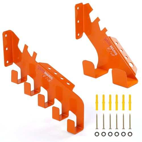 YARDMARIS Chainsaw Wall Mount Combo, Heavy Duty Chainsaw Holder and Chainsaw Chain Hanger Set, Chainsaw Rack with Tool Storage Holes and 5-Chain Hooks for Garage Shed Organization