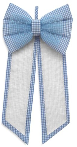 Fiocco Nascita da ricamare a punto croce, Coccarda Nascita da ricamare a punto croce, Banda in tela Aida, fantasia quadretto e fiocco in tulle con cuoricini (07 Azzurro)