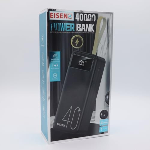 Eisen EZ2259 – Batterie Externe 40 000 mAh avec câbles intégrés lightng, USB-C et Micro USB – Noir