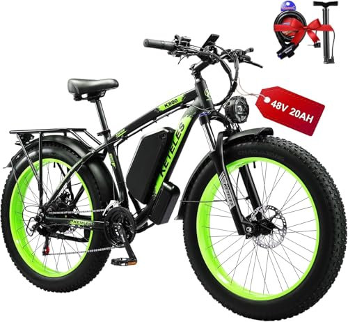 Kinsella KETELES K800 One Motor 26-inch Fat Tire Mountain Electric Bike 48V 20AH Battery, 4 Color Options, 21 Speeds, Color Display,Hydraulic Brakes, UK Warehouse(Green-One-Motor-20AH)