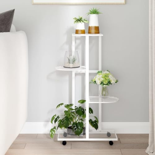 HaoChrymec Portavasi da Balcone, 4 Ripiani con Ruote in Ferro Bianco, Design Angolare, Supporto per Piante, Fioriera da Esterno, per Interno ed Esterno, Colore Bianco, 44x23x80 cm