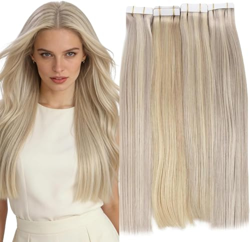 Moresoo Tape in Hair Extensions Human Hair Ash Blonde Highlight Tape Hair Extensions 22 Inch 20pcs 50G #18/24