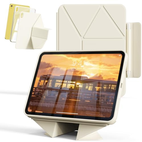 KVTVOU Case for iPad A16 11th Generation, iPad 10th Generation, Cream White | 360° Rotatable Magnetic Bracket, Detachable for Use, Hard PC Clear Shockproof Cover for iPad 11/10 2025/2022, Auto Wake/Sleep