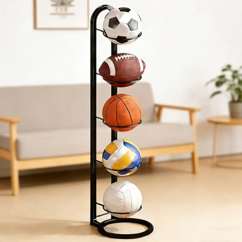 XJJAUGKLY 5-stufiger Ballständer für Wand, Abnehmbare Ballständer Fussbal | Vertical Ballhalterung Wand, Sportgeräte Organizer, Ballhalterung Wand Gilt für Basketball, Fußball, Volleyball & Tennis