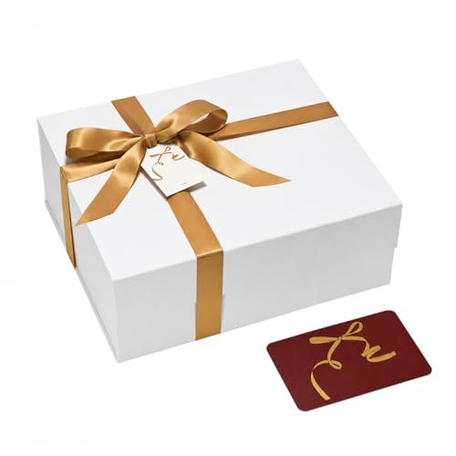 BloomWrap weiße Geschenkbox mit Deckel 29 x 25 x 11 cm, schimmernde faltbare Präsentbox mit Magnetverschluss, Band, Karte & Anhänger