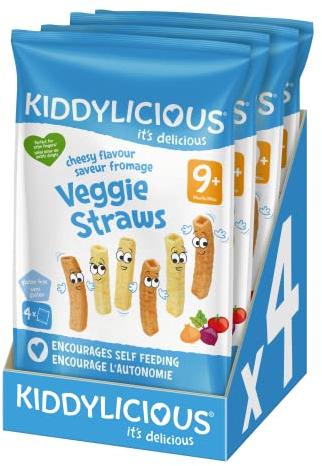 Kiddylicious Cheesy Straws | Deliciosos Snacks para Bebés | Apto a Partir de 9 Meses | 4 Paquetes de 48g (4 Bolsas de 12g por Paquete) | 192g