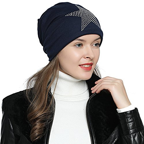 DonDon Mütze Damen Wintermütze Slouch Beanie gefüttert mit Strass Stern dunkelblau