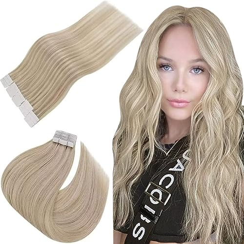 Easyouth Blond Tape in Extensions Echthaar Tape in Haarverlangerung Aschblondes Highlight mit Hellblond Tape Extensions Echthaar Remy Naturlich 40g 35 cm 18/613