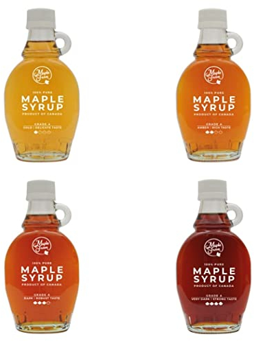 MapleFarm - Sirop d'érable pur. Pack de dégustation 4 variantes: GOLD - AMBER - DARK - VERY DARK. Catégorie A, doré, ambré, foncé, très foncé. Pack de 4 bouteilles de 250g