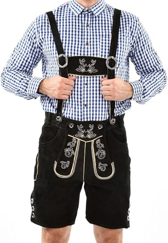 ALESSANDRO SALVARINI Herren Lederhose Tracht (Gr. 46-60) mit Träger - 100% Echtleder, Trachtenlederhose Kurz Oktoberfest Männer - AS-180 (50, Schwarz)