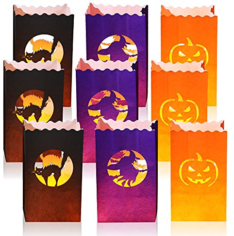 Outus 24 Stücke Halloween Leuchte Papier Taschen Halloween Lichtertüten Feuer Resistent Kerzen Tüte 10,2 x 5,9 Zoll Halloween Kerzen Halter Tasche mit Katze Muster Hexe Leuchte Papiertüte