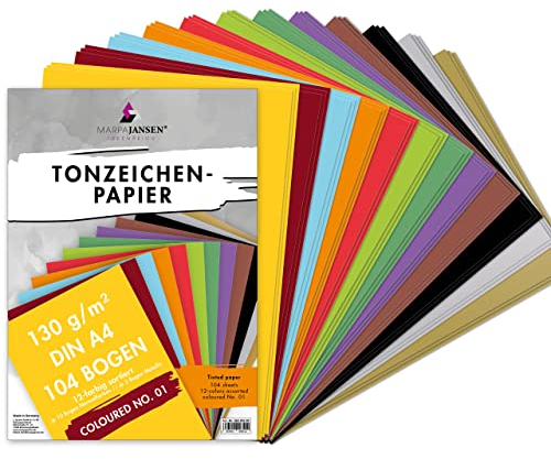 MarpaJansen Tonzeichenpapier, 12 Farben, inklusive 1 Gold- und 1 Silberblatt, DIN A3, 52 Blatt, 130 g/qm