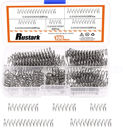 Rustark 100 Stück 5 Größen Druckfedern Sortiment Kit Mini Edelstahl Druckfedern Set Sprungfeder Federn Sortiment für Reparaturen, 10-50mm Länge, 8mm Außendurchmesser, 0.6mm Drahtdurchmesser