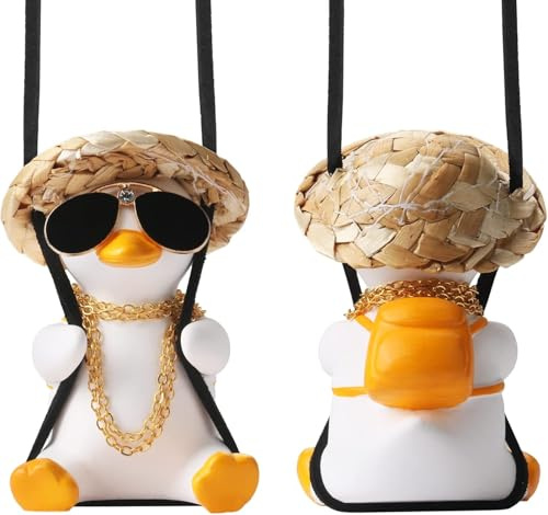 Canard de voiture qui se balance - Accessoire mignon à suspendre pour rétroviseur de voiture - Décoration à suspendre pour voiture, lunettes de soleil - Chapeau de paille