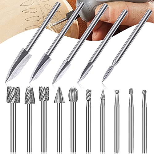 15 Piezas Juego de Brocas para Tallado en Madera, Hss Accesorios de Herramientas Rotativas Brocas de Tallado Juego de Fresas de Carburo para CarpinteríA, Tallado, Taladrado, VáStago de 3 mm
