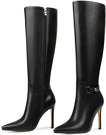 COLETER Women's Knee High Boots Pointed Toe Stiletto Buckle Dress Boots Zipper Heeled Boots Matte Black 8.5US
