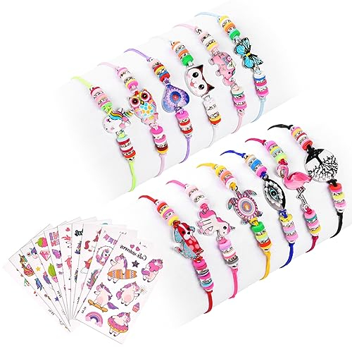 Aucuu 12PCS Bracelets Enfant Filles, Ajustable Cordon Tressé Bracelet Amitié Licorne Bijoux Enfants avec 10* Stickers, Petits Cadeaux Anniversaire Jouet Bijoux
