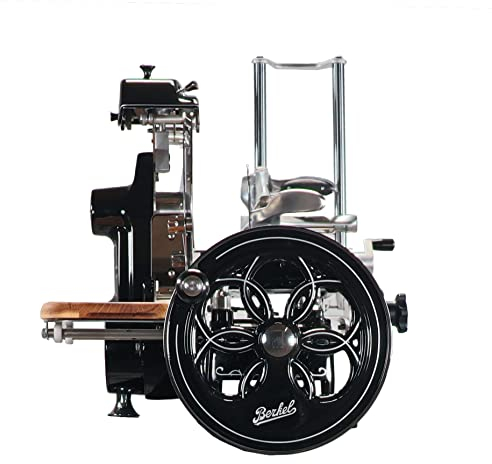 Berkel Aufschnittmaschine Volano B2 schwarz – Wunderschöne Schwungradmaschine + 100% handgefertigtem Schneidebrett Unikat