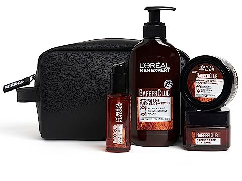 L'Oréal Men Expert - Trousse Routine Experte pour Homme - Soin de la Barbe & Visage - À l'Huile Essentielle de Bois de Cèdre - Pour Tous Types de Peaux - BarberClub - 4 Produits