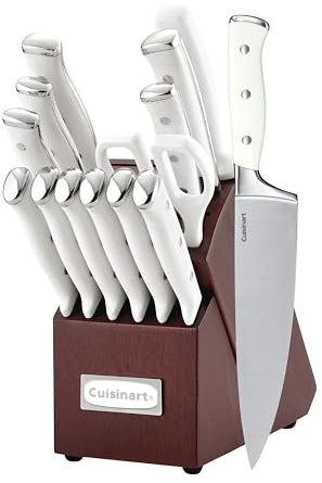 Cuisinart 15-Piece Knife Set with Block, High Carbon Stainless Steel, Forged Triple Rivet, White/Cherry C77WTR-15PCW