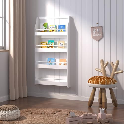 Duffy® Kids Bookcase Wall Shelf, Children's Bookshelf Storage Display Rack, Wooden Book Organizer for Children's Room (White-4 Tier, 60×115cm)