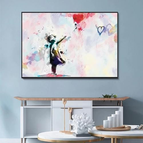 KDXAOBEI Wandkunst, Banksy-Leinwanddruck, Ballon-Mädchen-Poster, Graffiti-Mädchen mit Ballon, Straßenkunst-Idee, Liebe für Wohnzimmer, 80 x 110 cm (31 x 43 Zoll), mit schwarzem Rahmen