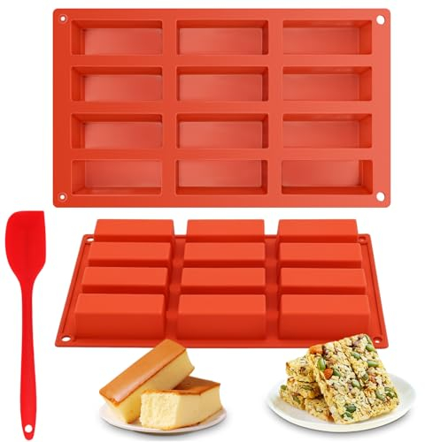 2 Piezas de Silicona Moldeada Rectangular de 12 Cavidades, Moldes de Silicona Rectangular más 1 Espátula de Repostería, Moldes de Barra de Cereal, Aptos para Panes, Pasteles, Barras de Chocolate