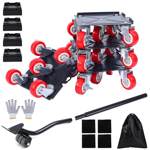 LOYAL TIGER Heavy Duty 1500LBS Furniture Dolly & Movers with 5X 360° Wheels - Carbon Steel Panel & Non-Slip Casters, Includes Lifter Jacks, Gliders for Sofa, Refrigerator (5.4 Inch, Red)
