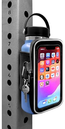 Gym Mate Magnetic Water Bottle Sleeve with see-through phone access. Attaches Magnetically to Metal Surface so Your Bottle is Always Within Reach. Use your phone without taking it out of the pouch.
